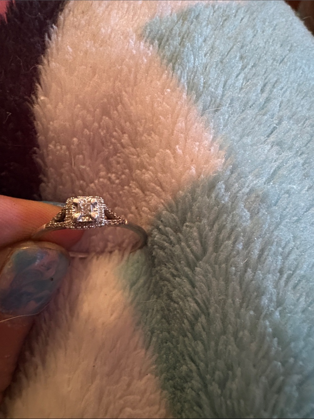 Zales Silver-Tone Square-Cut Halo Engagement Ring with Pavé Shoulders